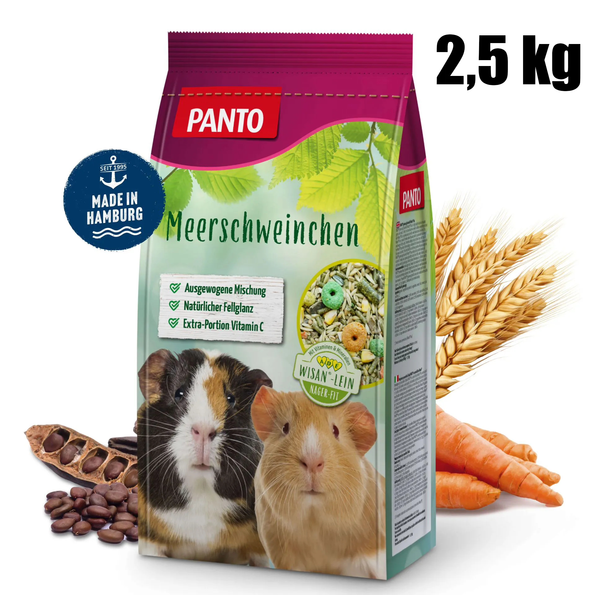 Hrană completă pentru porcușori de Guineea cu Wisan Lein - PANTO 2,5 kg PANTO hrană completă pentru porcușori de Guineea cu Wisan Lein – mix echilibrat cu cereale, legume și vitamina C, ambalaj 2,5 kg