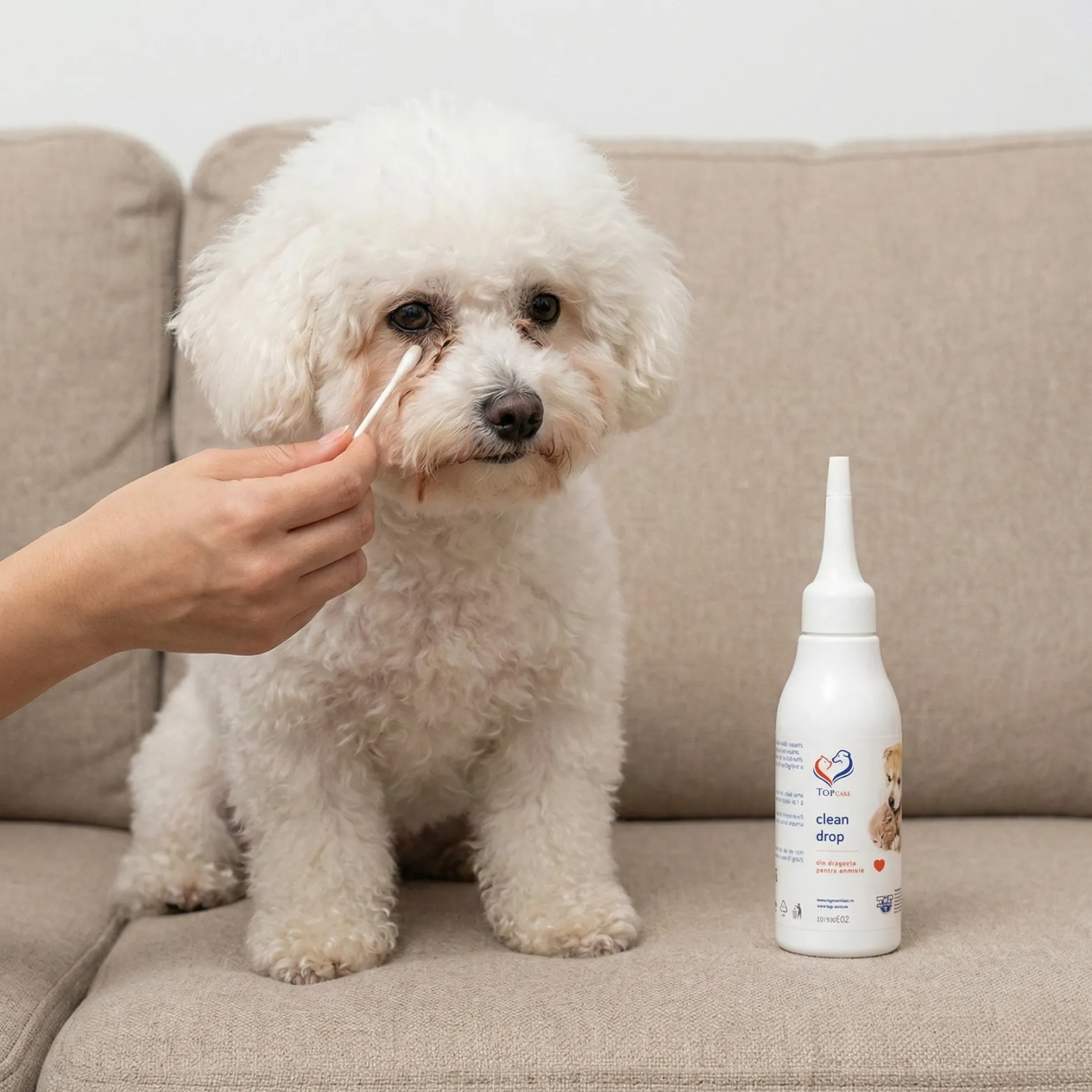 Curățarea zonei ochilor la un Bichon alb folosind o betisor și soluția Clean Drop